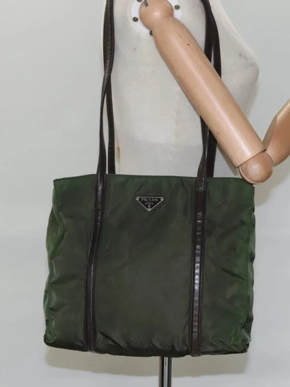 PRADA Tote Bag Nylon Khaki Brown Silver Auth bs22976